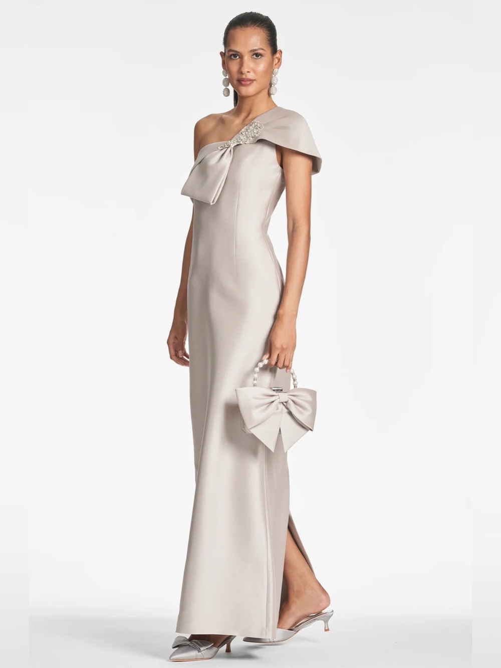 Sachin & Babi Ines Grey Mikado Column Gown in Frosty Pewter
